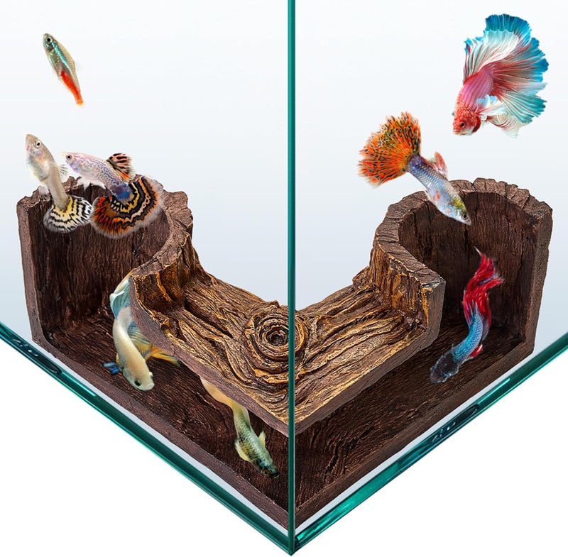 FISHNOSH Aquarium Cave | Natural-Looking Wood-Like BPA-Free Fish Tank Cave for Corners | 5.1” x 2” x 2.7” Fish Hideout for Aquarium | Guppy, Neon Tetra, Corydoras Catfish, Betta Hide | Tank Decor - Image 1